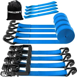 Ratchet Straps (4PK) - 3300lbs Breaking Strength 1.5''×10' Heavy Duty Tie Down Straps with Padded Handles, Double J Hooks & Soft Loops for Moving Motorcycle, Trailer & Trucks (Blue)