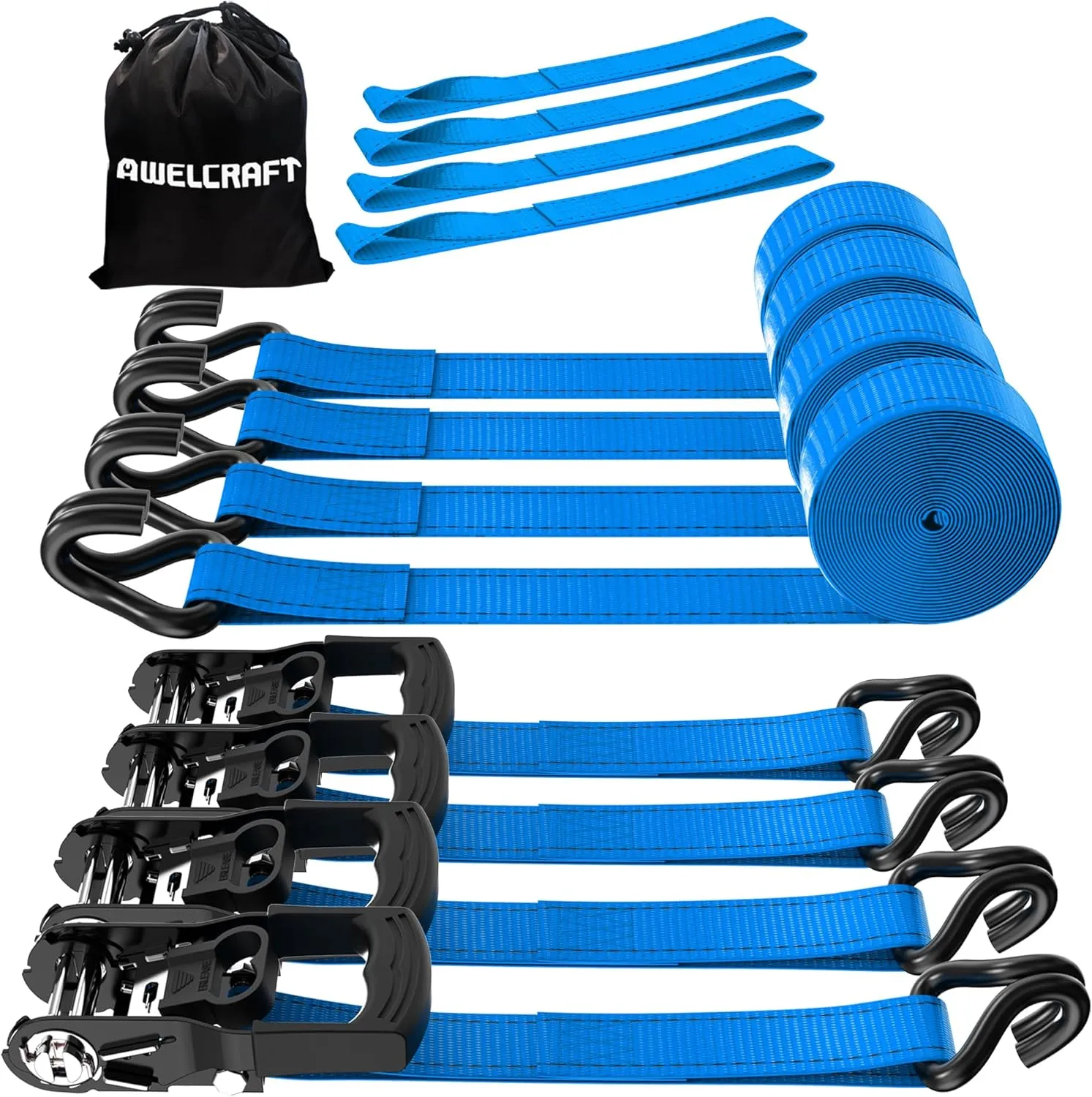 Ratchet Straps (4PK) - 3300lbs Breaking Strength 1.5''×10' Heavy Duty Tie Down Straps with Padded Handles, Double J Hooks & Soft Loops for Moving Motorcycle, Trailer & Trucks (Blue)