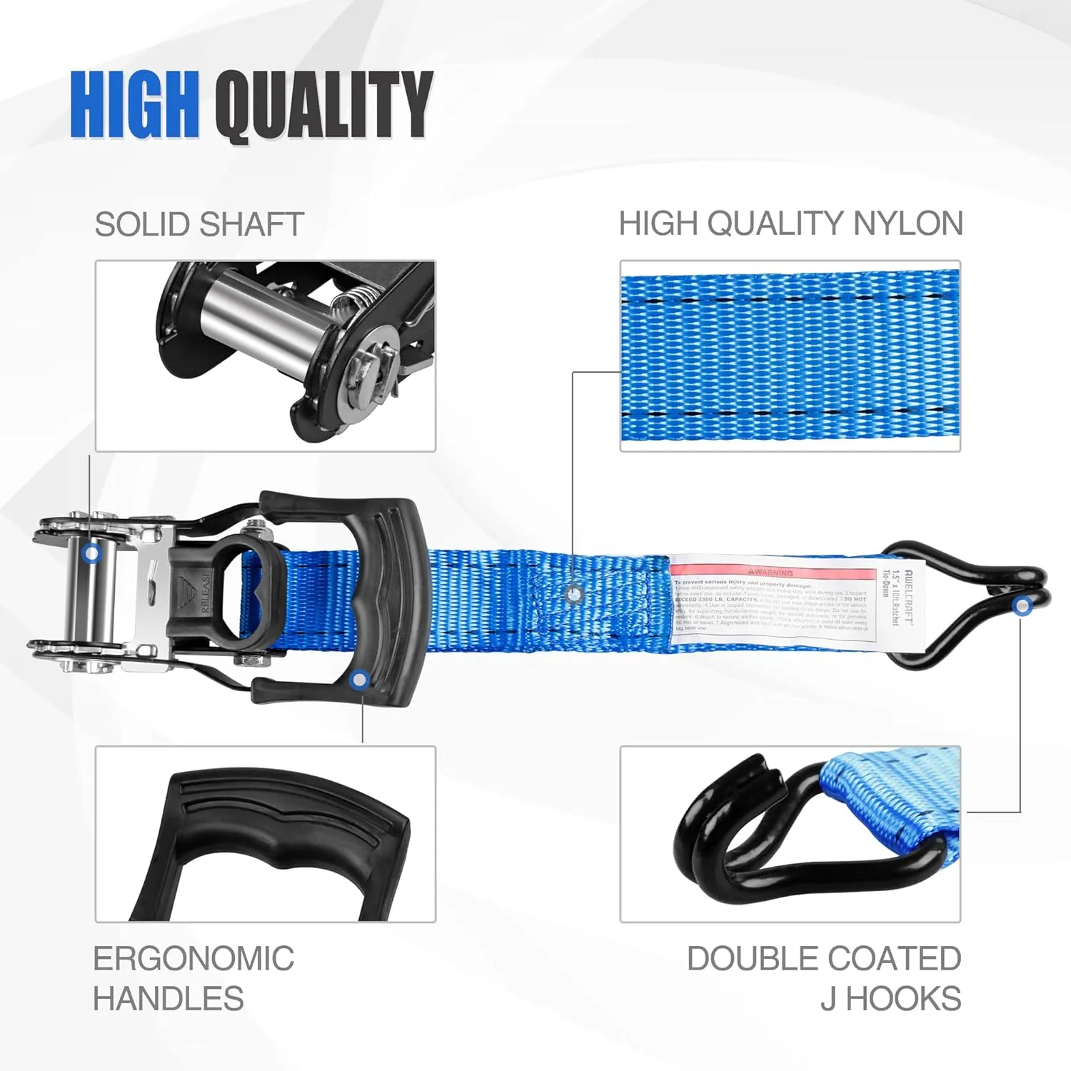 Ratchet Straps (4PK) - 3300lbs Breaking Strength 1.5''×10' Heavy Duty Tie Down Straps with Padded Handles, Double J Hooks & Soft Loops for Moving Motorcycle, Trailer & Trucks (Blue)