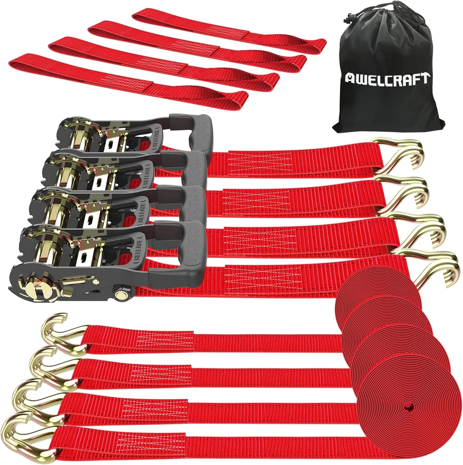 Ratchet Straps (4PK) - 4500lbs Breaking Strength 1.5''×15' Heavy Duty Tie Down Straps with Padded Handles, Double J Hooks & Soft Loops for Moving Motorcycle, Trailer & Trucks (Red)