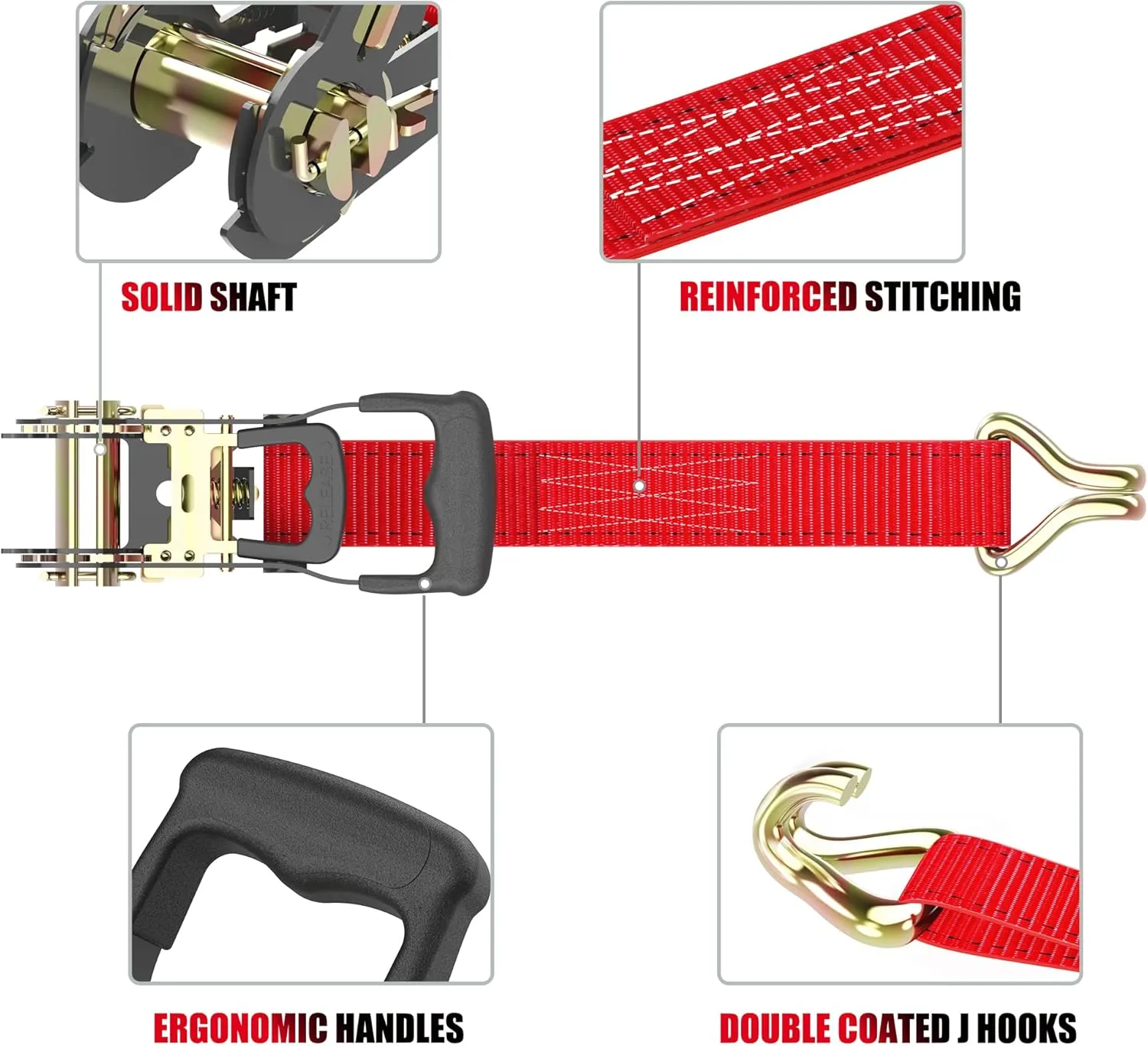 Ratchet Straps (4PK) - 4500lbs Breaking Strength 1.5''×15' Heavy Duty Tie Down Straps with Padded Handles, Double J Hooks & Soft Loops for Moving Motorcycle, Trailer & Trucks (Red)