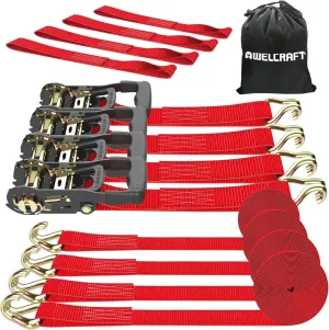 Ratchet Straps (4PK) - 4500lbs Breaking Strength 1.5''×15' Heavy Duty Tie Down Straps with Padded Handles, Double J Hooks & Soft Loops for Moving Motorcycle, Trailer & Trucks (Red)