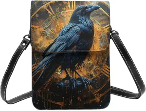 raven ancient clock Viking mystical dark Leather Small Crossbody Bags for Women Cell Phone Bag Wallet Purses with Adjustable Strap