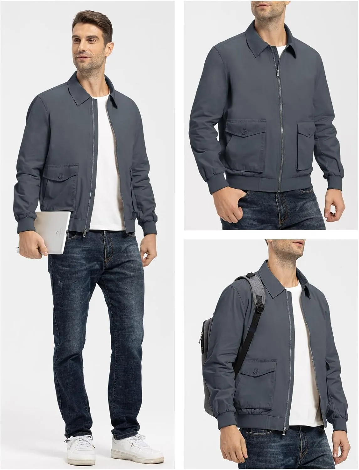 Rdruko Men's Cotton Lightweight Jackets Casual Work Golf Windbreaker with 6 Pockets
