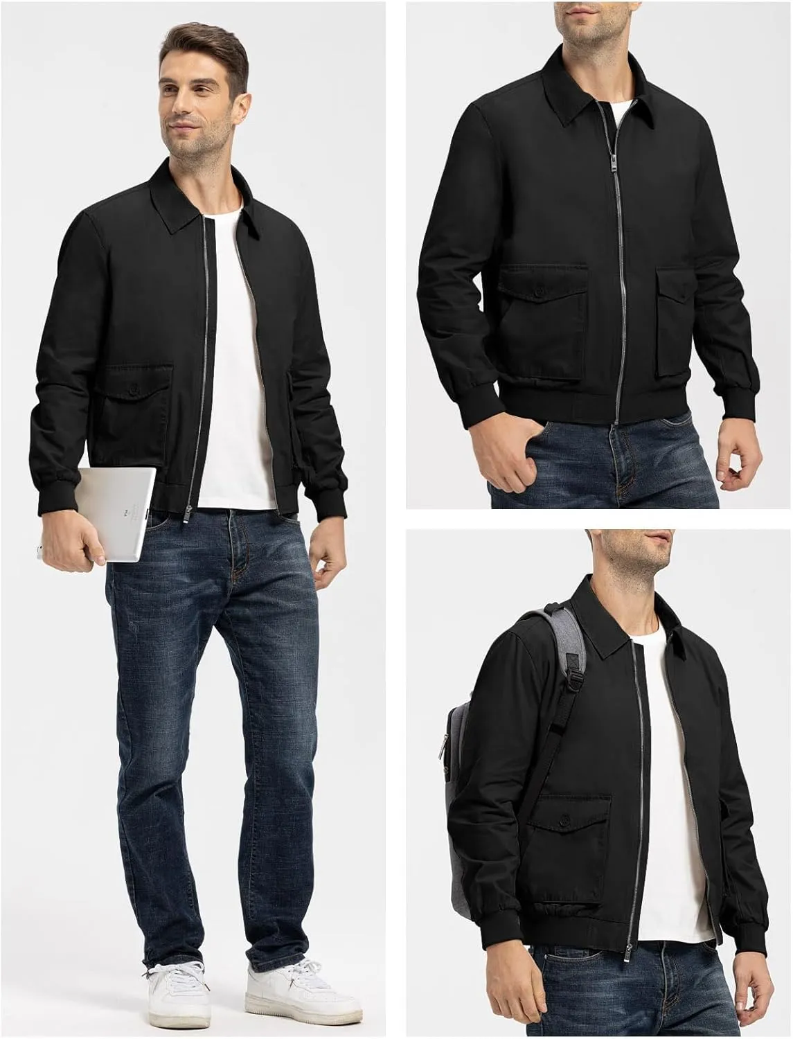 Rdruko Men's Cotton Lightweight Jackets Casual Work Golf Windbreaker with 6 Pockets