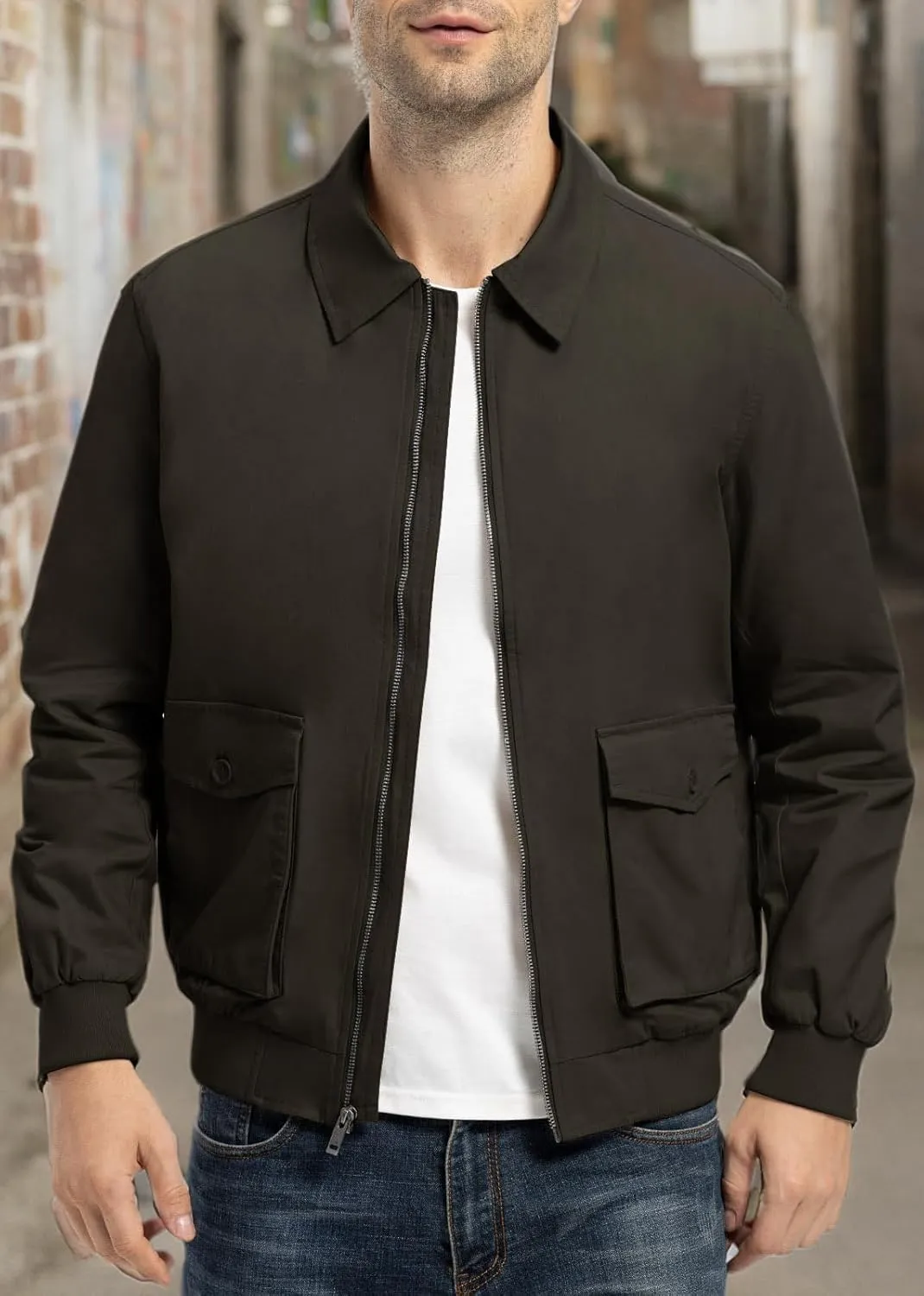 Rdruko Men's Cotton Lightweight Jackets Casual Work Golf Windbreaker with 6 Pockets