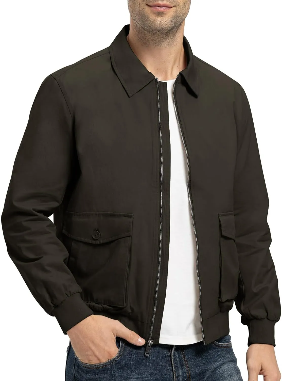 Rdruko Men's Cotton Lightweight Jackets Casual Work Golf Windbreaker with 6 Pockets