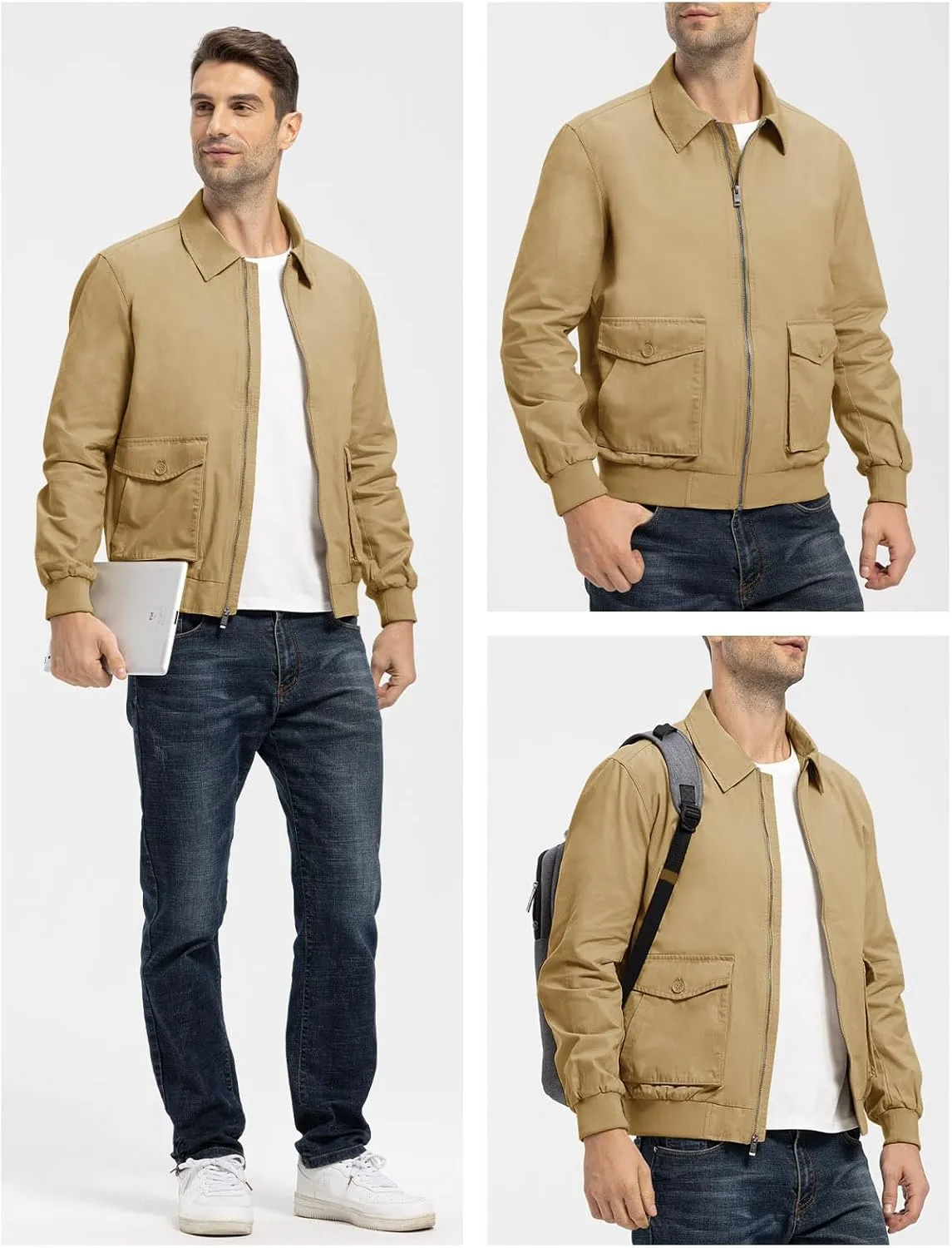Rdruko Men's Cotton Lightweight Jackets Casual Work Golf Windbreaker with 6 Pockets