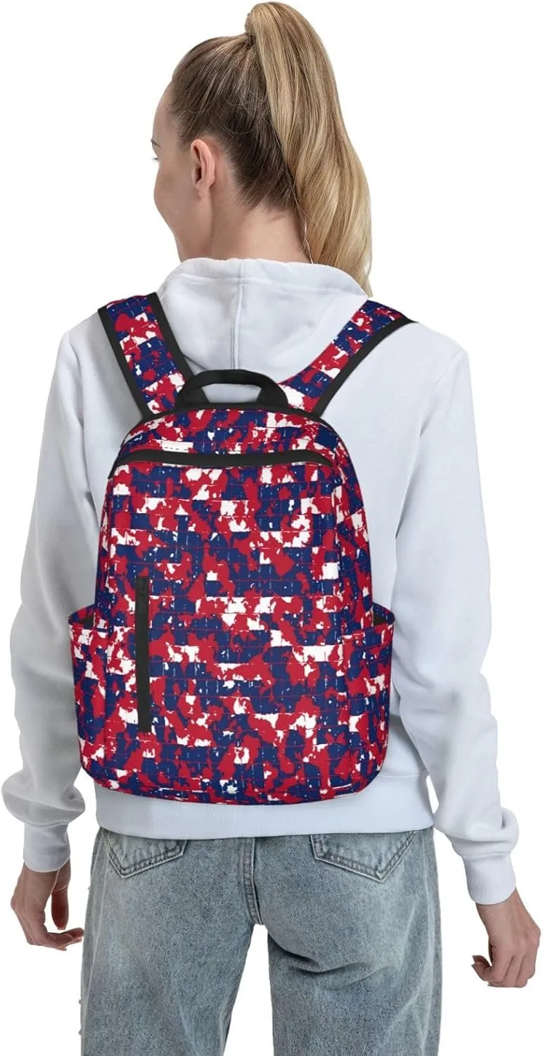 Red Blue Camouflage Mosaic Casual Backpacks Laptop Backpack Outdoor Travel Rucksack Sport Carry-On Daypack Lightweight Bag with Multi-Pockets