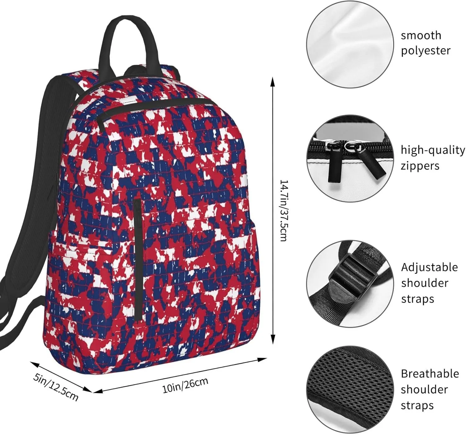 Red Blue Camouflage Mosaic Casual Backpacks Laptop Backpack Outdoor Travel Rucksack Sport Carry-On Daypack Lightweight Bag with Multi-Pockets
