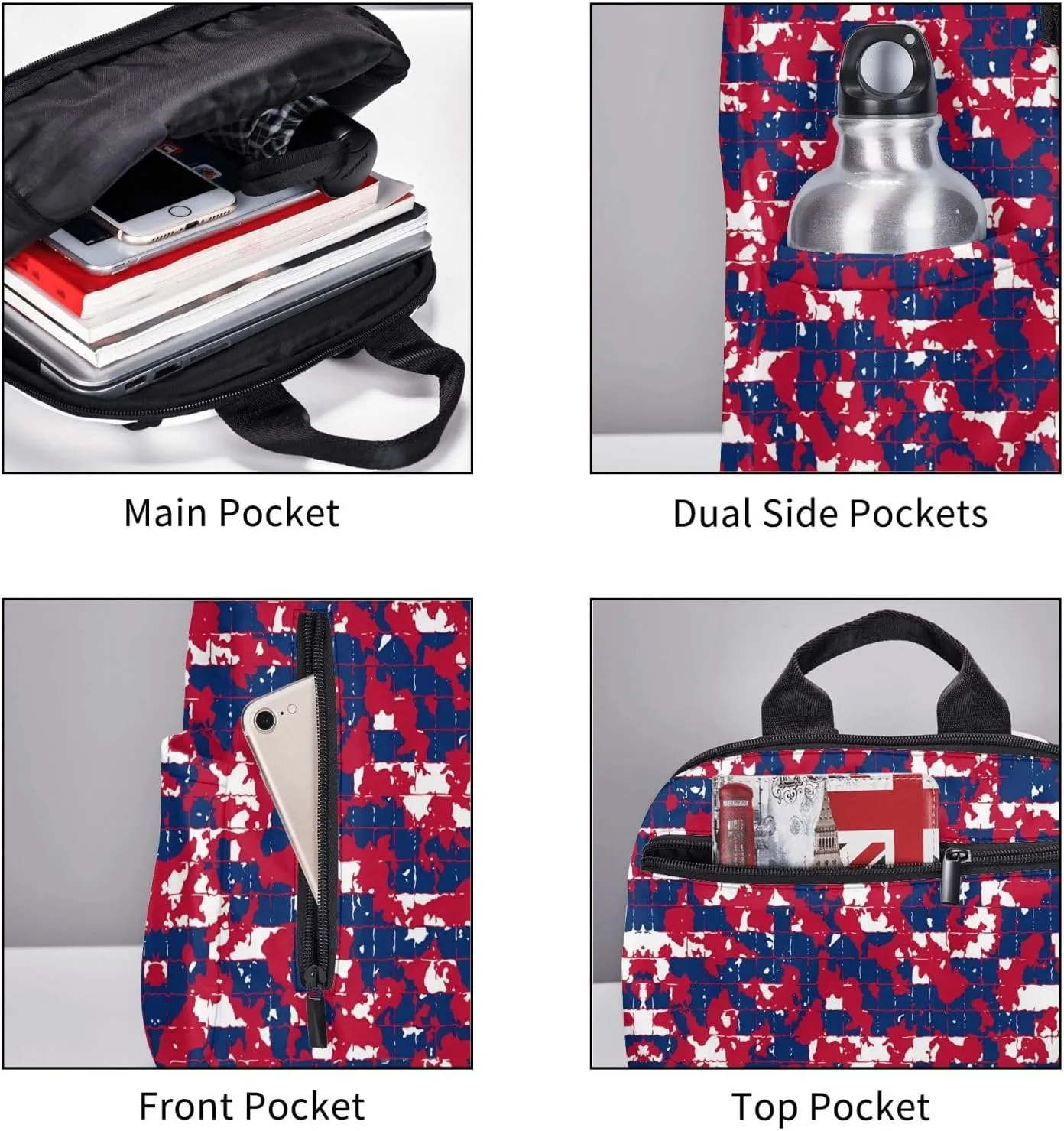 Red Blue Camouflage Mosaic Casual Backpacks Laptop Backpack Outdoor Travel Rucksack Sport Carry-On Daypack Lightweight Bag with Multi-Pockets