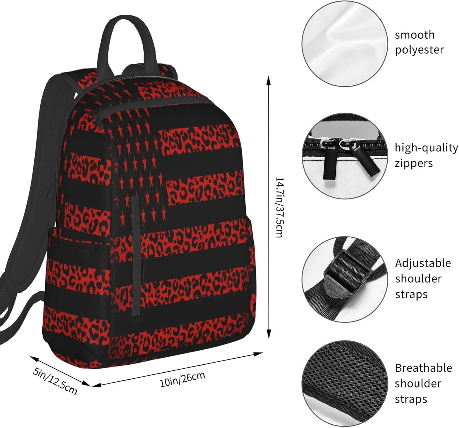 Red Leopard American Flag Casual Backpacks Laptop Backpack Outdoor Travel Rucksack Sport Carry-On Daypack Lightweight Bag with Multi-Pockets