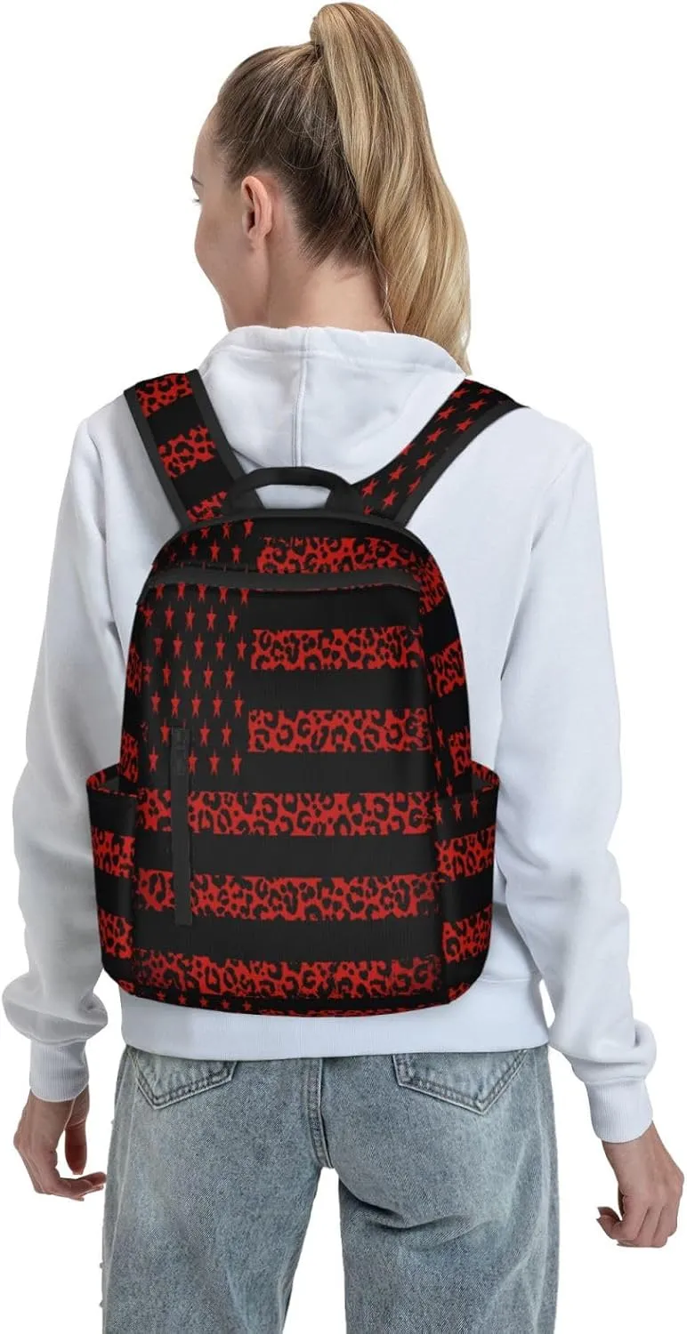 Red Leopard American Flag Casual Backpacks Laptop Backpack Outdoor Travel Rucksack Sport Carry-On Daypack Lightweight Bag with Multi-Pockets