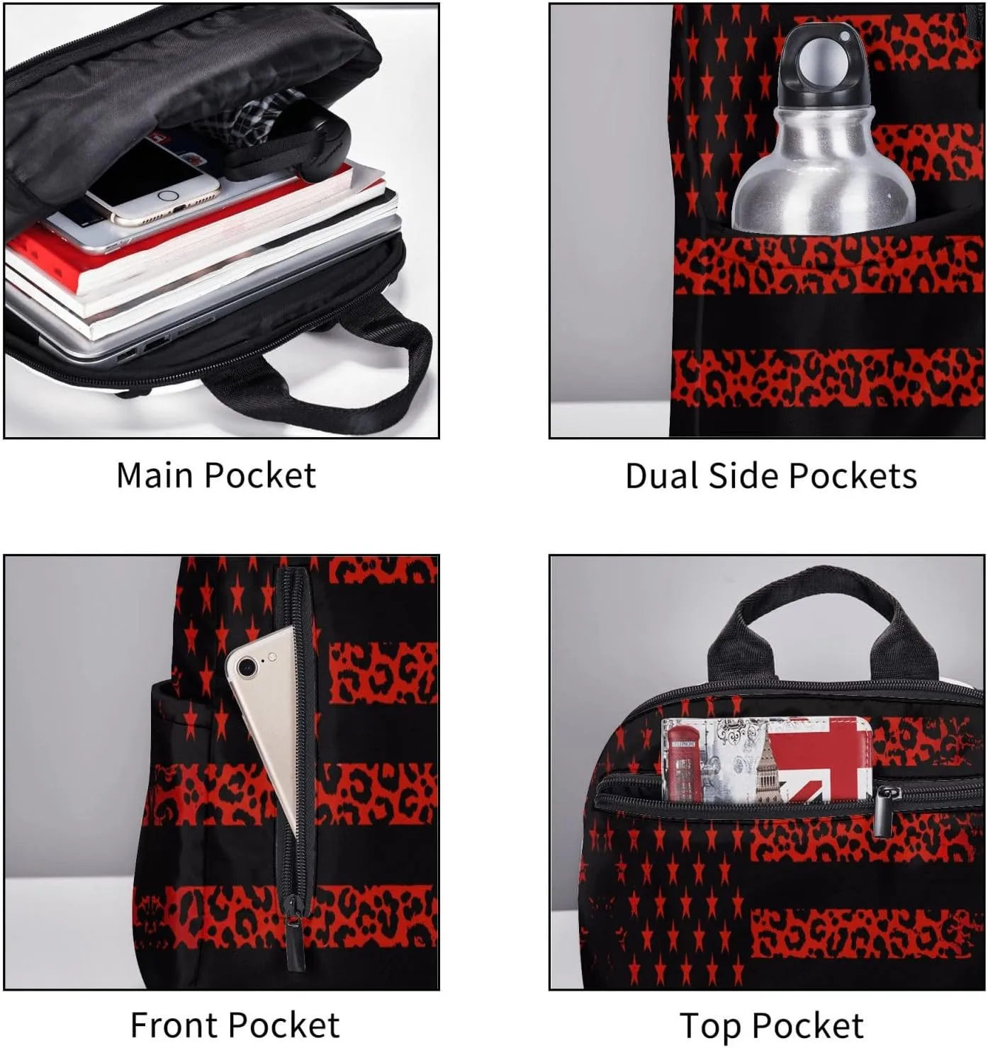 Red Leopard American Flag Casual Backpacks Laptop Backpack Outdoor Travel Rucksack Sport Carry-On Daypack Lightweight Bag with Multi-Pockets