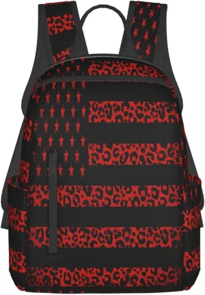 Red Leopard American Flag Casual Backpacks Laptop Backpack Outdoor Travel Rucksack Sport Carry-On Daypack Lightweight Bag with Multi-Pockets