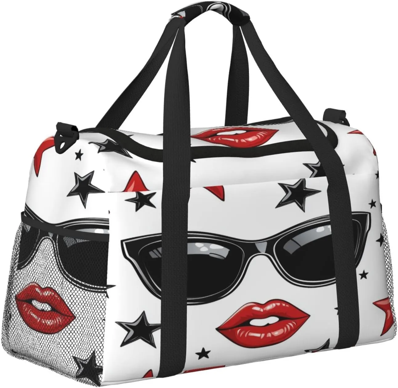 Red Lip Sunglasses Star Travel Duffel Bag with Strap Multi Pockets Sports Bag Handbag Large Shoulder Bag for Gym Weekend Fitness Camping