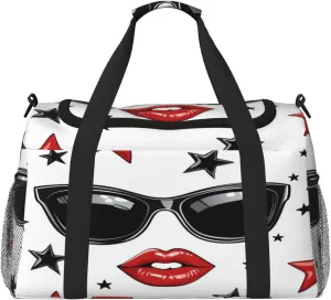 Red Lip Sunglasses Star Travel Duffel Bag with Strap Multi Pockets Sports Bag Handbag Large Shoulder Bag for Gym Weekend Fitness Camping