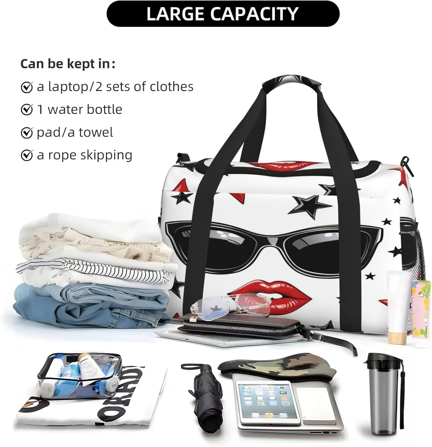Red Lip Sunglasses Star Travel Duffel Bag with Strap Multi Pockets Sports Bag Handbag Large Shoulder Bag for Gym Weekend Fitness Camping