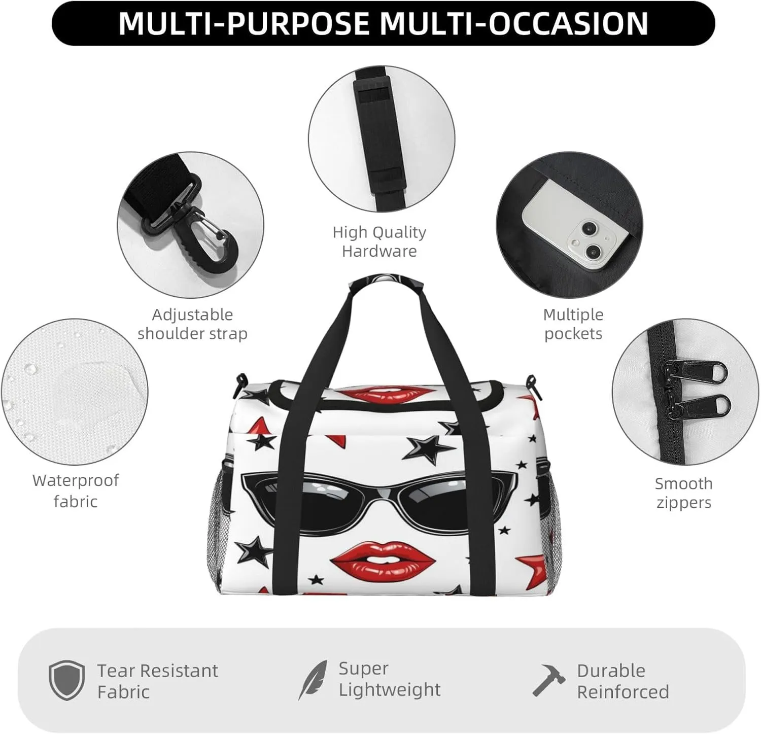 Red Lip Sunglasses Star Travel Duffel Bag with Strap Multi Pockets Sports Bag Handbag Large Shoulder Bag for Gym Weekend Fitness Camping