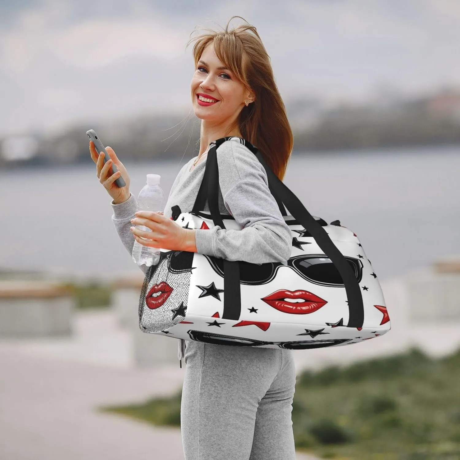 Red Lip Sunglasses Star Travel Duffel Bag with Strap Multi Pockets Sports Bag Handbag Large Shoulder Bag for Gym Weekend Fitness Camping