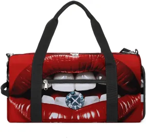 Red Lips with Diamond Barrel Gym Bags for Men And Women, Duffle Bag for Travel Sports Bag Camping Weekend Carry on Overnight Duffel Bag with Shoulder Strap