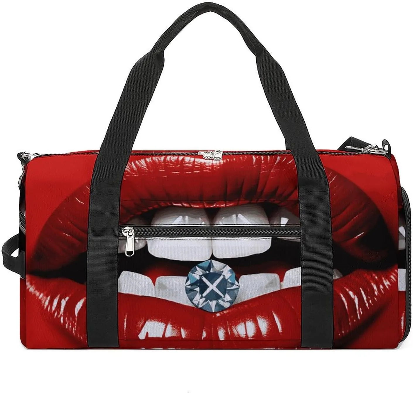 Red Lips with Diamond Barrel Gym Bags for Men And Women, Duffle Bag for Travel Sports Bag Camping Weekend Carry on Overnight Duffel Bag with Shoulder Strap