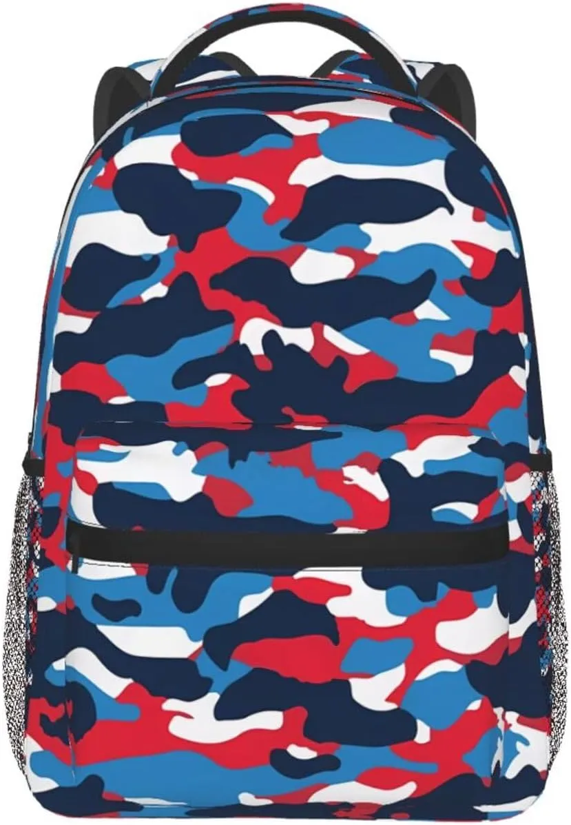 Red White Blue Camouflage American Flag Casual Backpacks Sport Backpack Travel Rucksack Canvas Daypack Workout Bags with Pockets for Gym Working Hiking