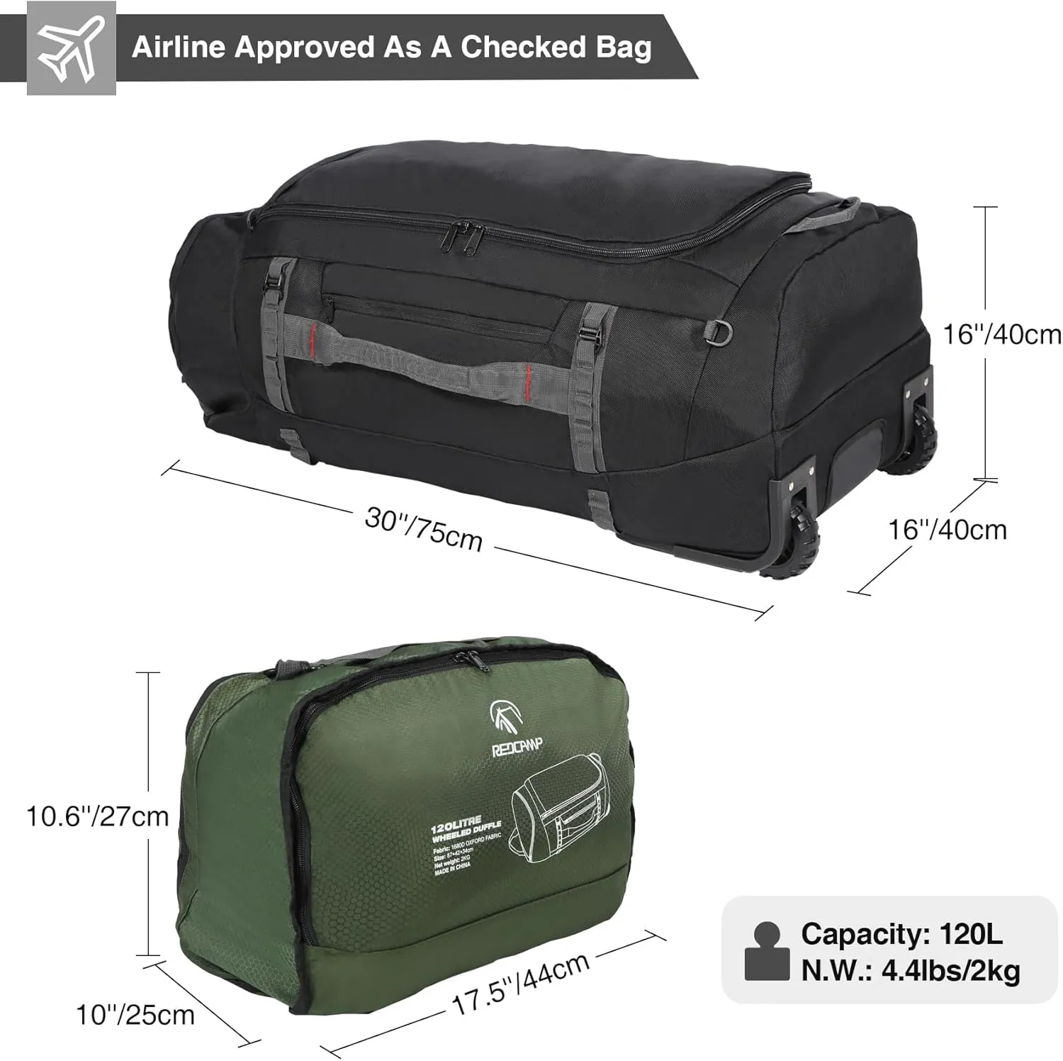 REDCAMP 85L/120L/140L Foldable Duffle Bag with Wheels, Large Travel Duffel Bag