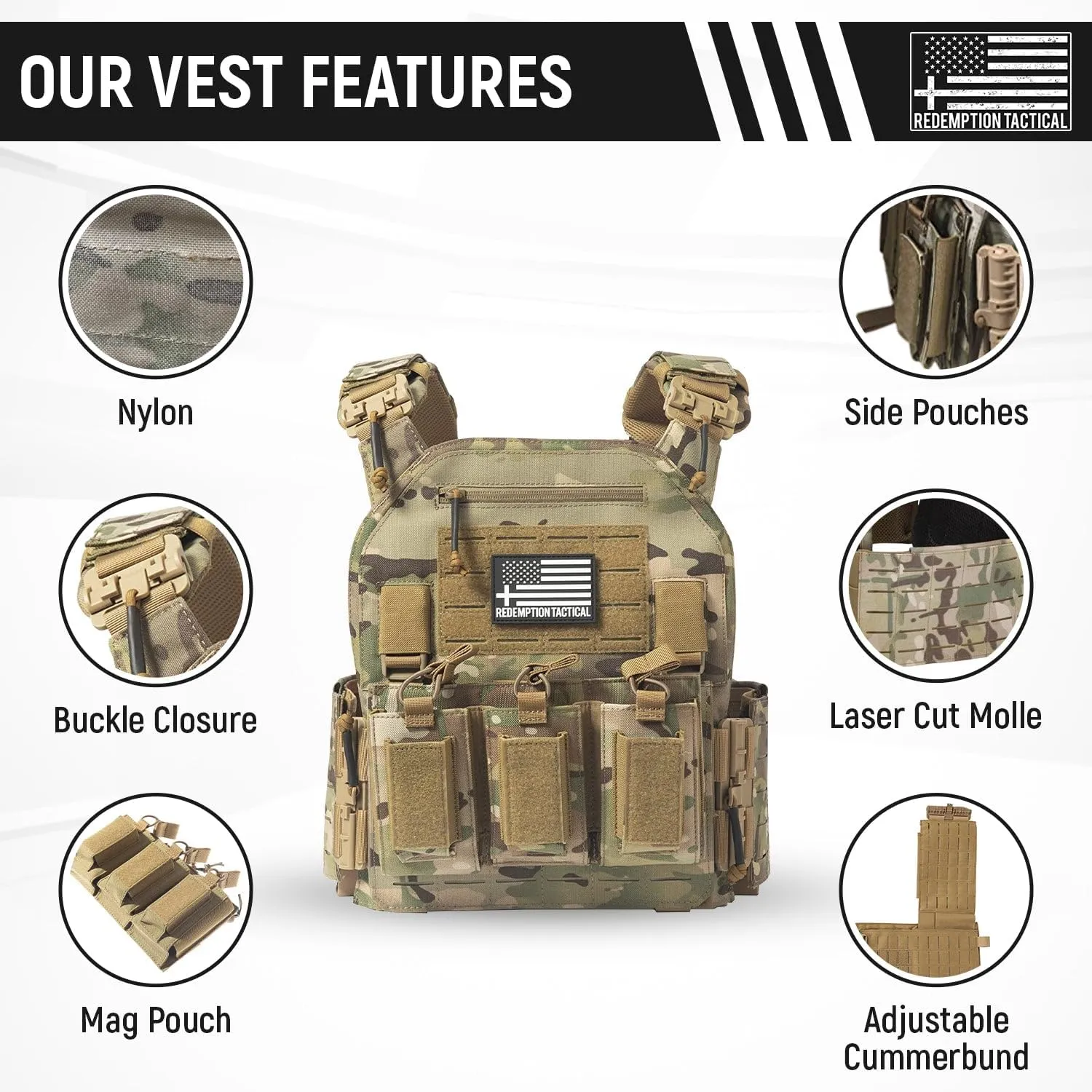 Redemption Crusader 2.0 Molle Quick Release Buckles Vest with Side Cummerbund Pouches and Triple Pouch