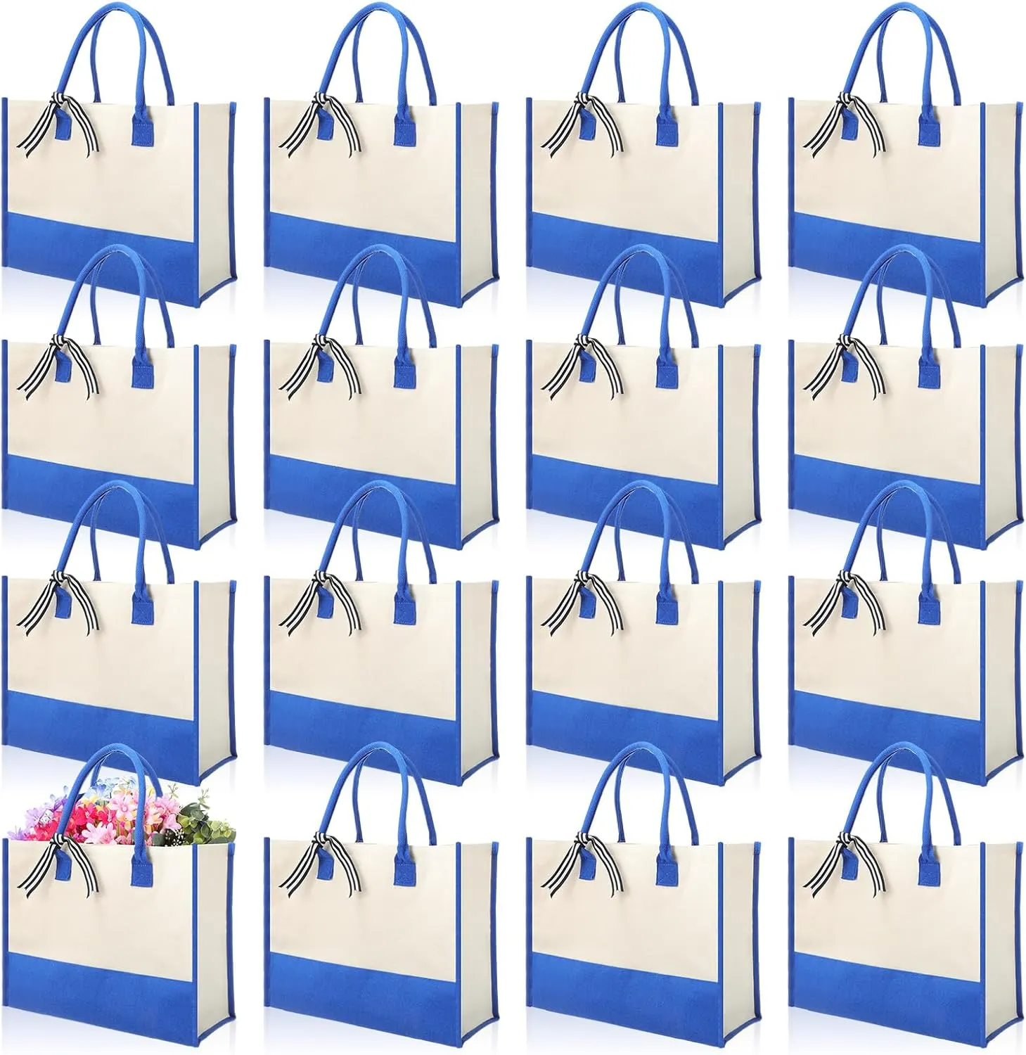 Reginary 12 Pack Canvas Tote Bags Initial Classic Present Personalized Canvas Beach Bag for Wedding, Birthday, Beach(Blue and White)