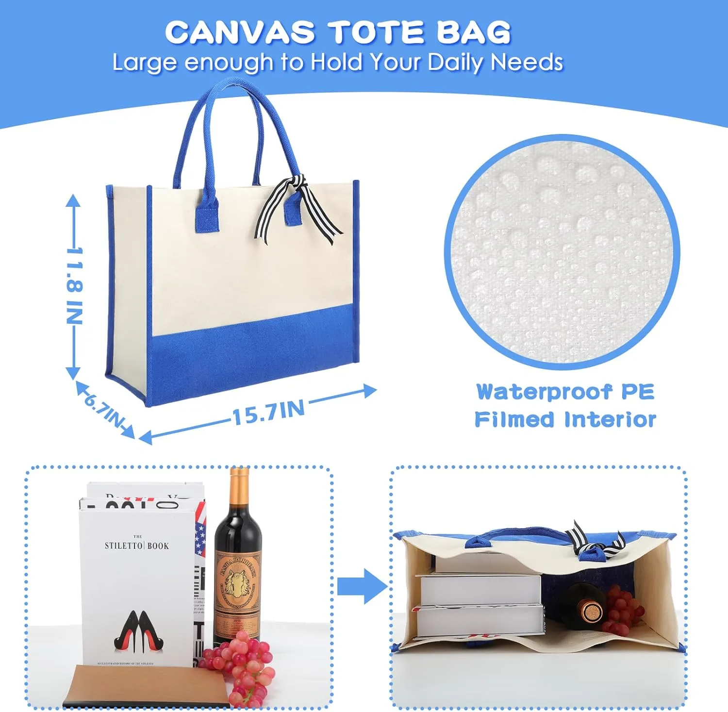 Reginary 12 Pack Canvas Tote Bags Initial Classic Present Personalized Canvas Beach Bag for Wedding, Birthday, Beach(Blue and White)