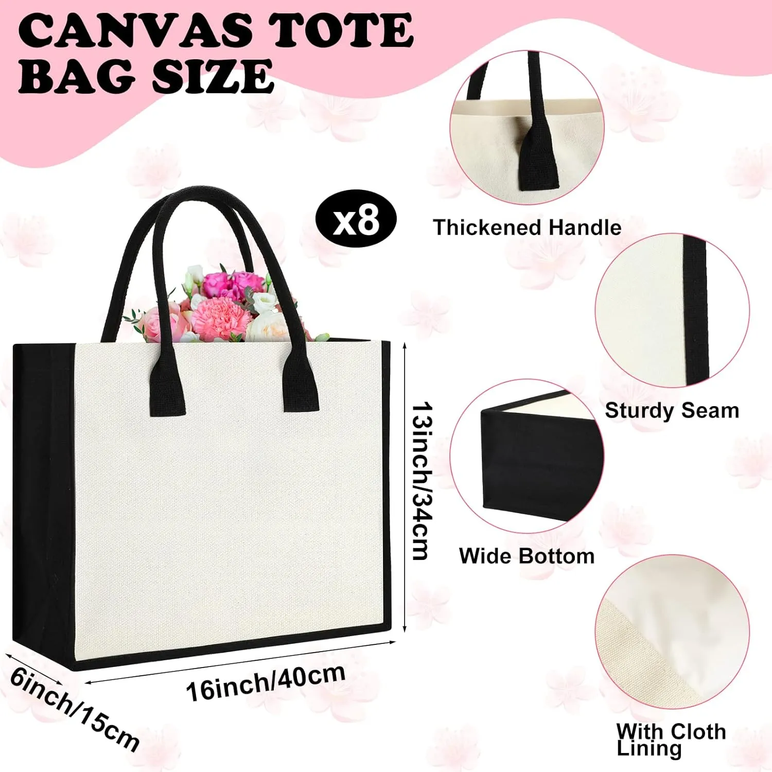 Reginary 16 Pcs Blank Canvas Tote Bag with Makeup Bag Personalized Initial Beach Tote for Travel Bridesmaid Wedding Birthday