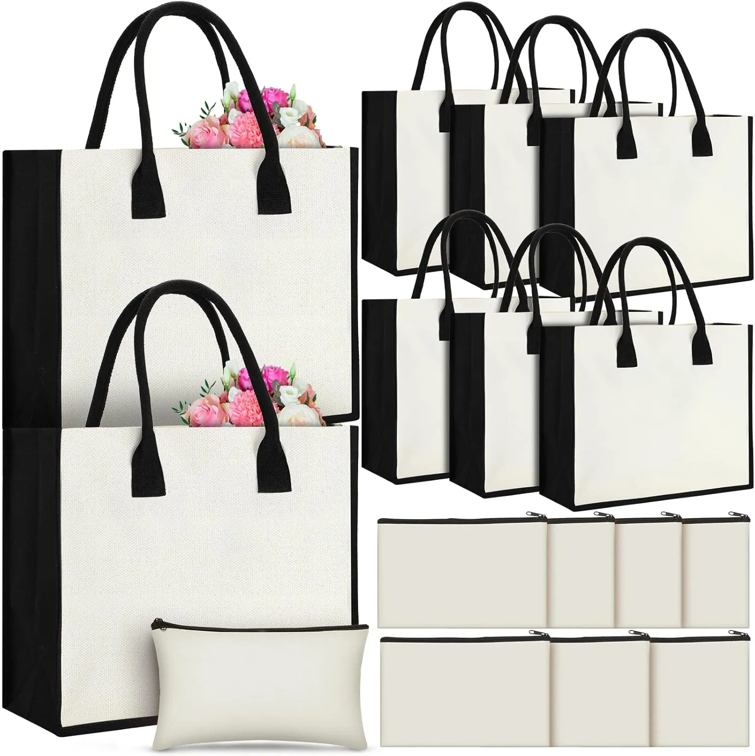 Reginary 16 Pcs Blank Canvas Tote Bag with Makeup Bag Personalized Initial Beach Tote for Travel Bridesmaid Wedding Birthday