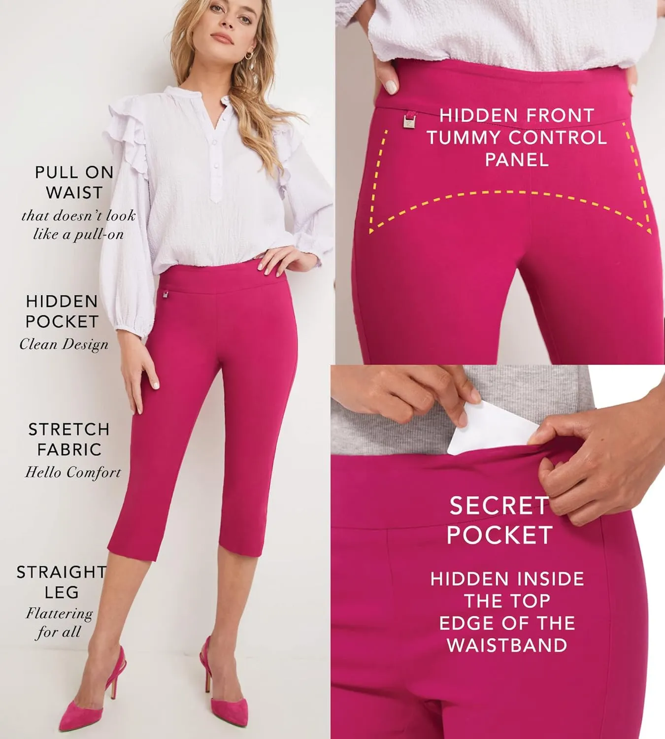 Rekucci Women's Straight Leg Comfort Capri w/Tummy Control and Secret Pocket