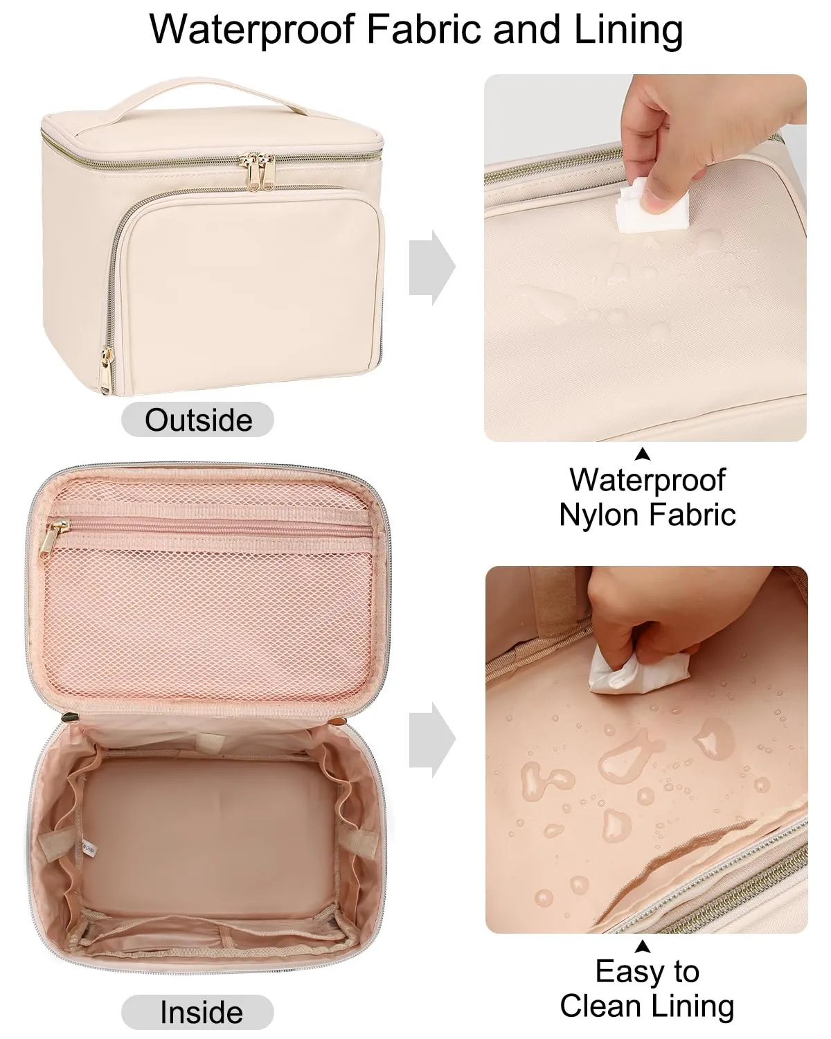 Relavel Makeup Bag with Dividers, Large Travel Makeup Organizer Bag, Makeup Brush Bag Train Case, Portable Cosmetic Bag for Girls, Large Capacity Storage Bag for Toiletries (Beige)