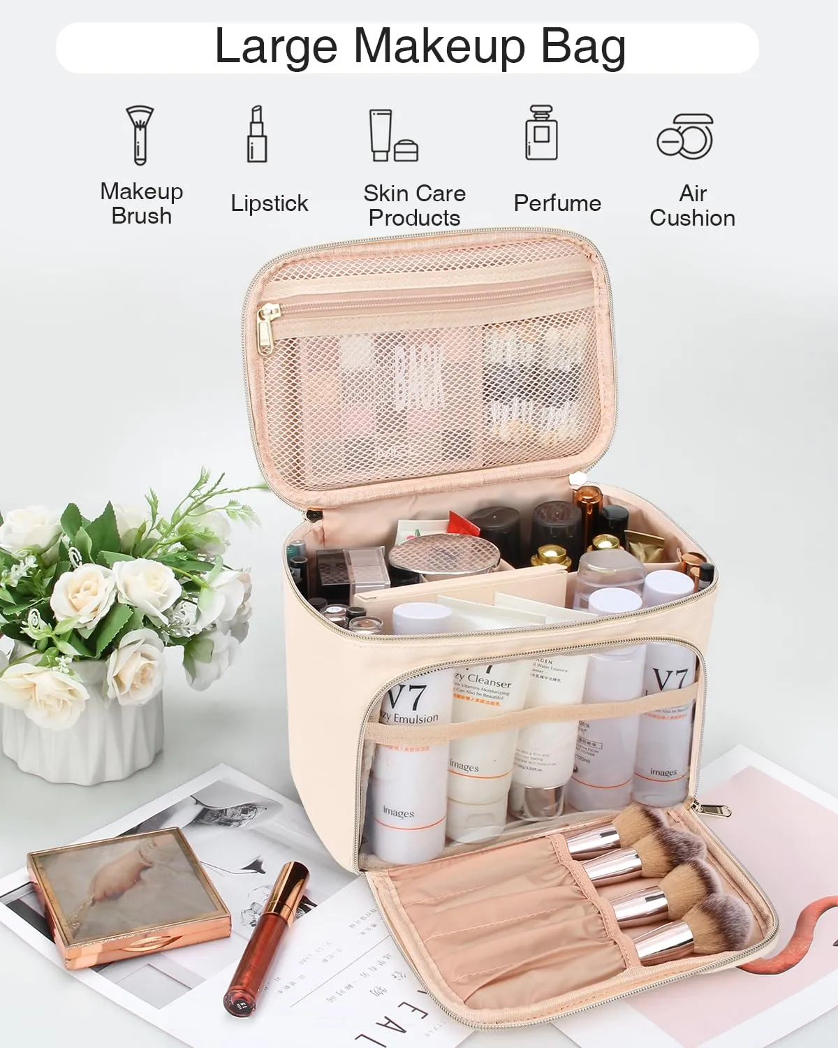 Relavel Makeup Bag with Dividers, Large Travel Makeup Organizer Bag, Makeup Brush Bag Train Case, Portable Cosmetic Bag for Girls, Large Capacity Storage Bag for Toiletries (Beige)