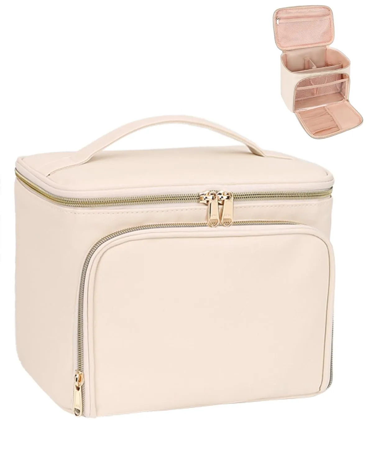 Relavel Makeup Bag with Dividers, Large Travel Makeup Organizer Bag, Makeup Brush Bag Train Case, Portable Cosmetic Bag for Girls, Large Capacity Storage Bag for Toiletries (Beige)