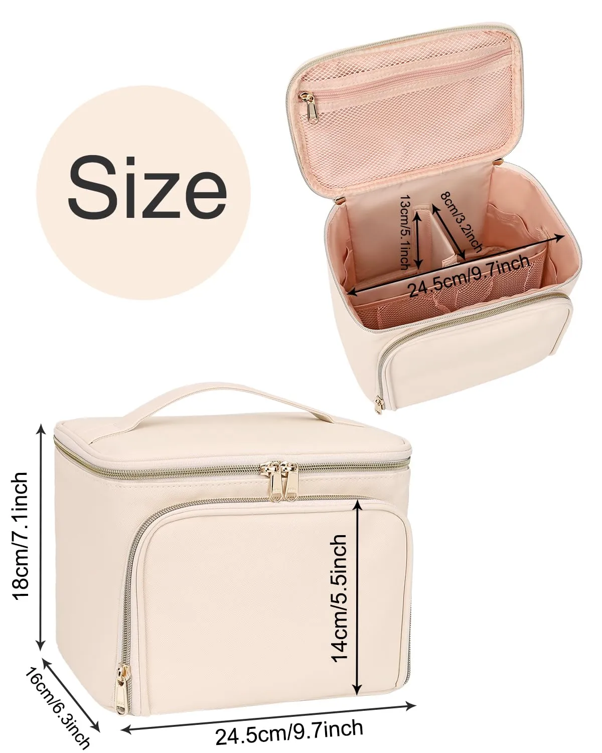 Relavel Makeup Bag with Dividers, Large Travel Makeup Organizer Bag, Makeup Brush Bag Train Case, Portable Cosmetic Bag for Girls, Large Capacity Storage Bag for Toiletries (Beige)