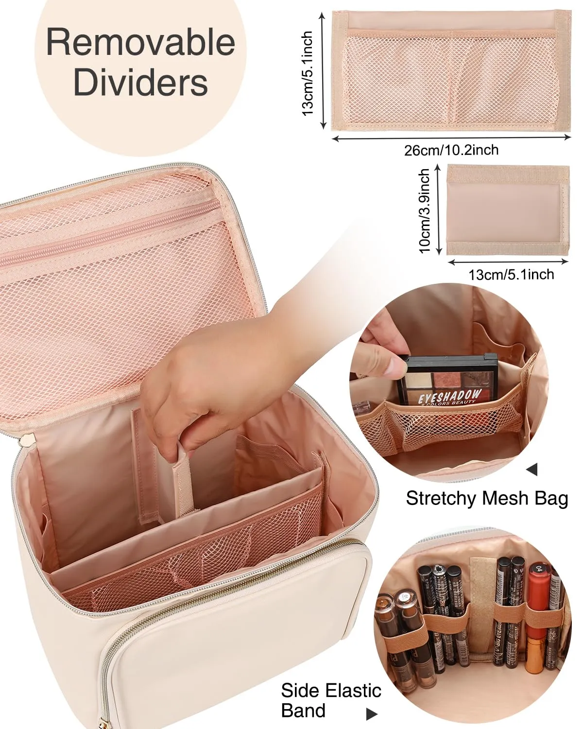Relavel Makeup Bag with Dividers, Large Travel Makeup Organizer Bag, Makeup Brush Bag Train Case, Portable Cosmetic Bag for Girls, Large Capacity Storage Bag for Toiletries (Beige)