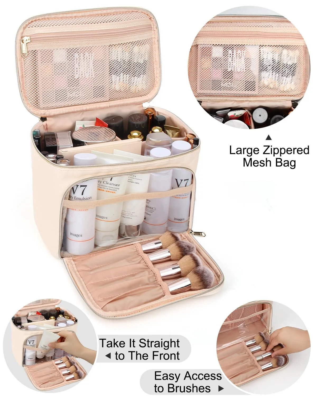 Relavel Makeup Bag with Dividers, Large Travel Makeup Organizer Bag, Makeup Brush Bag Train Case, Portable Cosmetic Bag for Girls, Large Capacity Storage Bag for Toiletries (Beige)