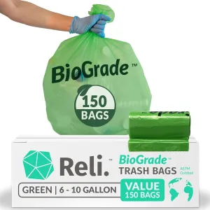Reli. Biodegradable 6-10 Gallon Trash Bags | 150 Count | ASTM D6954 | Green | Eco-Friendly | Oxobiodegradable Under Certain Conditions (See Product Description)