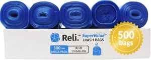 Reli. SuperValue 13 Gallon Recycling Bags | 500 count Bulk | Tall Kitchen | Blue Trash Bags
