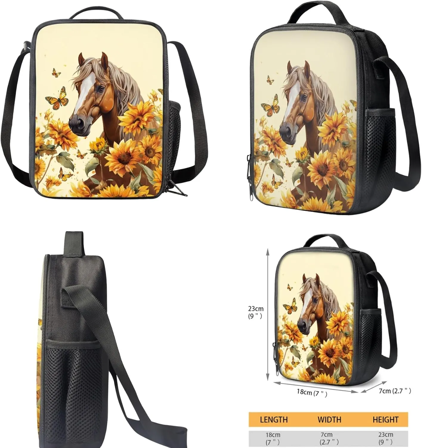 Renewold Sunflower Horse Butterflies Print Boys Girls School Book Bags Set Teen Junior Kids Backpacks Bookbag Backpack with Pen Case Thermal Lunch Box 3 Piece Set for Primary Middle School Student