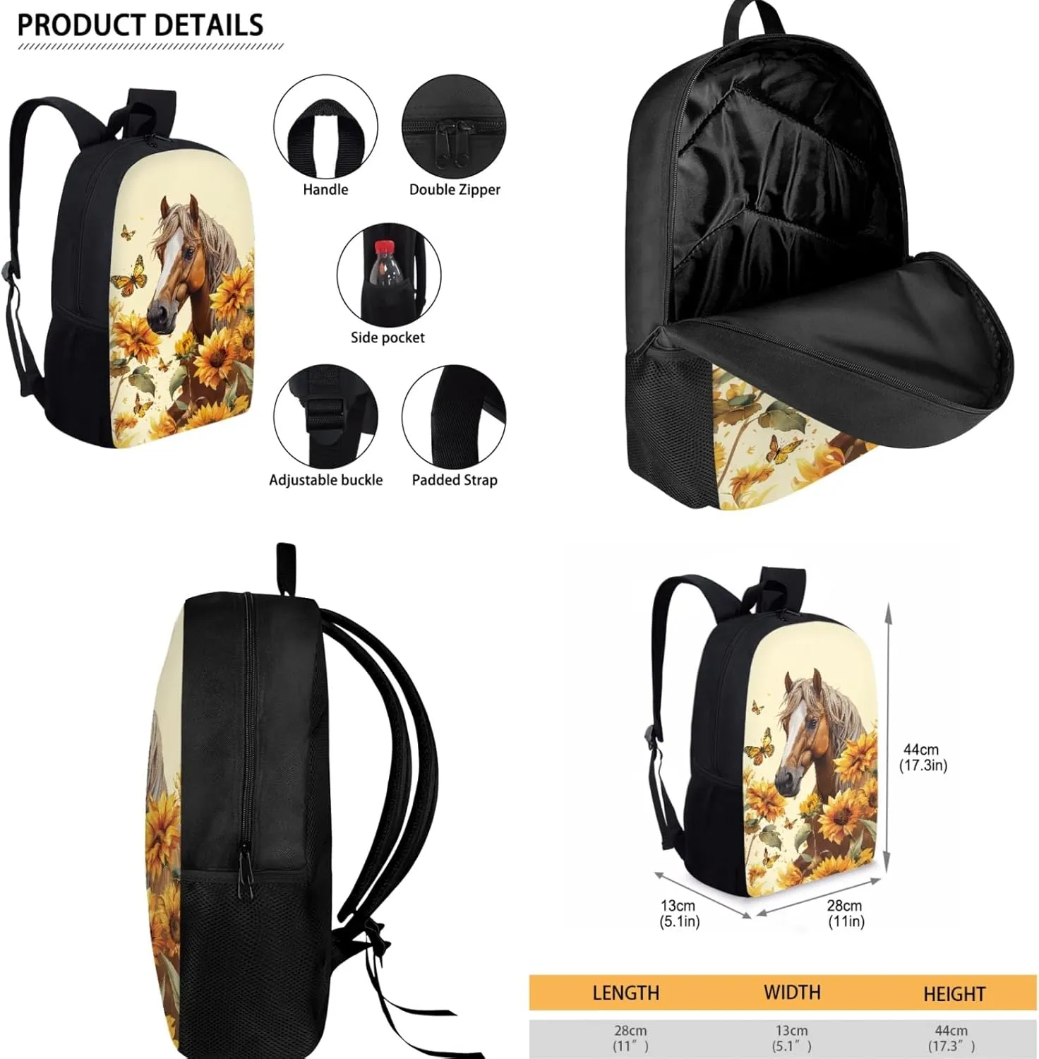 Renewold Sunflower Horse Butterflies Print Boys Girls School Book Bags Set Teen Junior Kids Backpacks Bookbag Backpack with Pen Case Thermal Lunch Box 3 Piece Set for Primary Middle School Student