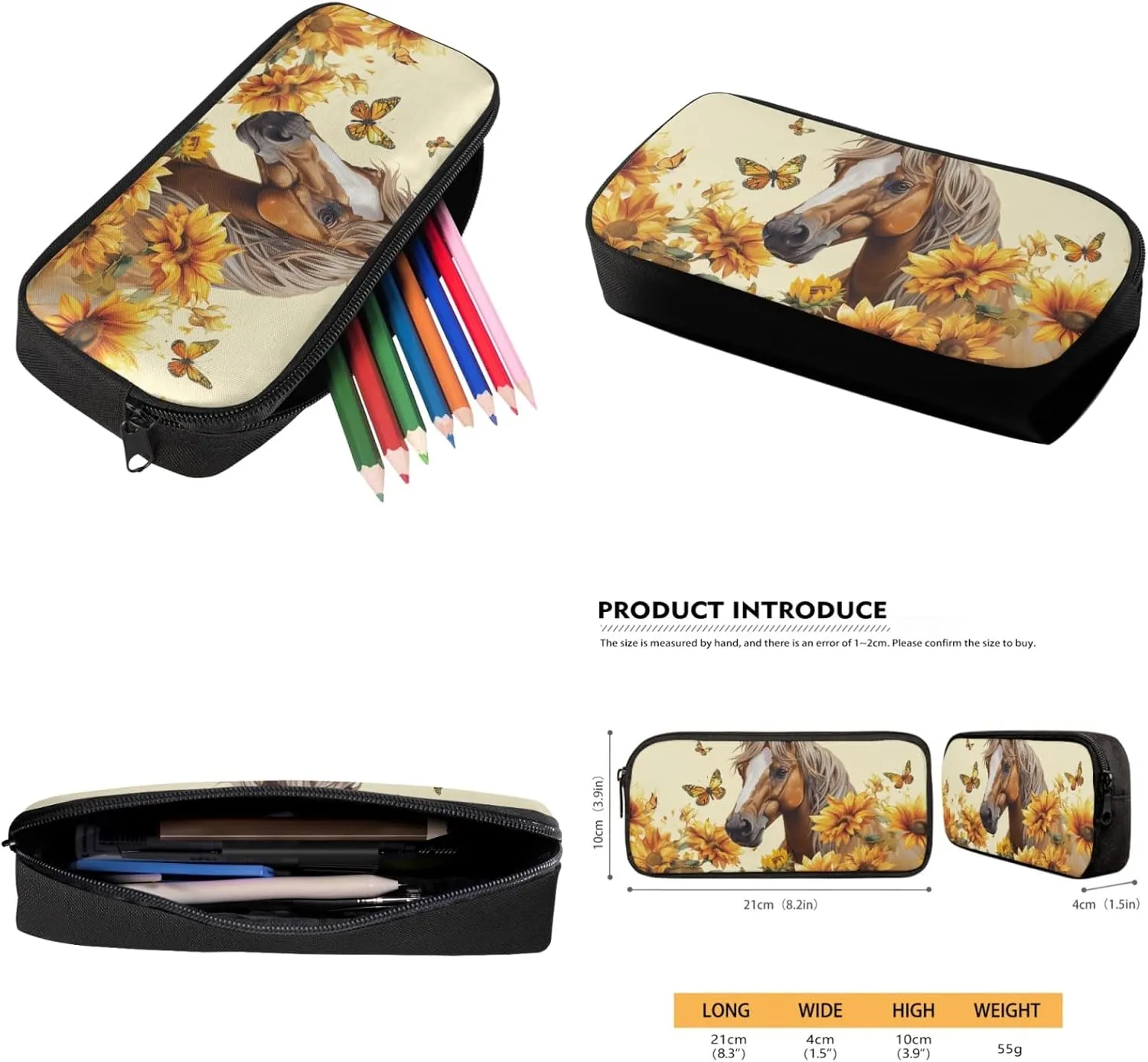 Renewold Sunflower Horse Butterflies Print Boys Girls School Book Bags Set Teen Junior Kids Backpacks Bookbag Backpack with Pen Case Thermal Lunch Box 3 Piece Set for Primary Middle School Student