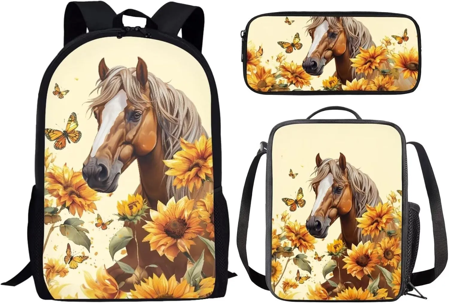 Renewold Sunflower Horse Butterflies Print Boys Girls School Book Bags Set Teen Junior Kids Backpacks Bookbag Backpack with Pen Case Thermal Lunch Box 3 Piece Set for Primary Middle School Student