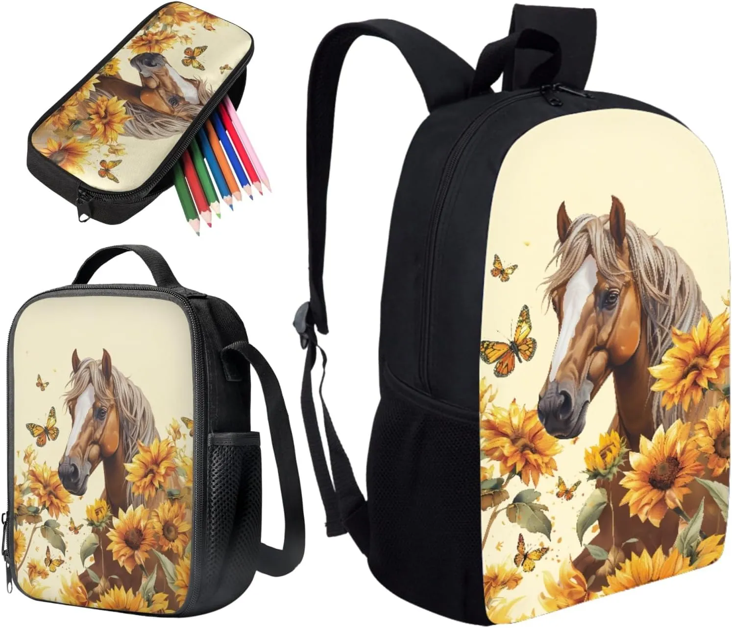 Renewold Sunflower Horse Butterflies Print Boys Girls School Book Bags Set Teen Junior Kids Backpacks Bookbag Backpack with Pen Case Thermal Lunch Box 3 Piece Set for Primary Middle School Student