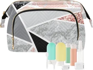 Retro Marble with Geometric Triangle Shapes and Pink Glitter Diamond Women Cosmetic Bag Makeup Bag Stylish Trip Beauty Bag Travel Toiletry Bag with Bottle Organizer 10.2 x 5.9 x 6.7 inch