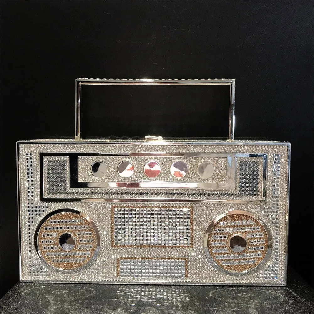 Retro Shoulder Handbag Unique Purse Bride Purse Rhinestone Clutch Purses for Women Bling Purse Diamond Purse Radio Gold