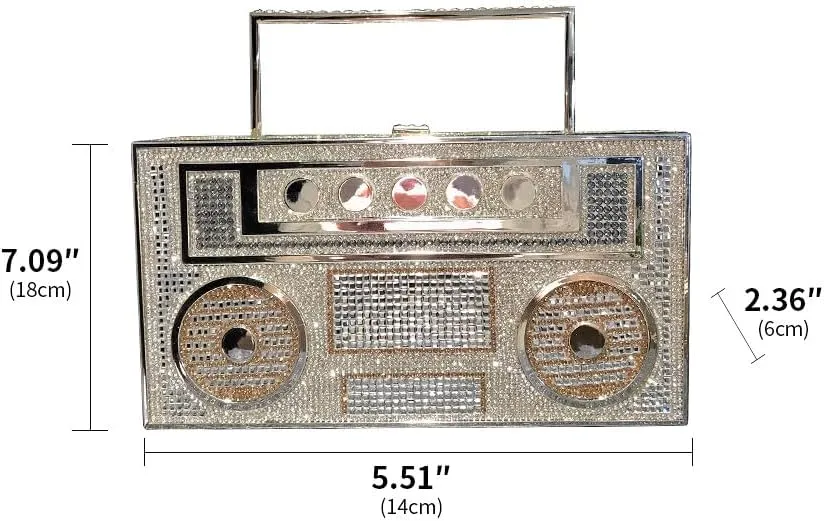 Retro Shoulder Handbag Unique Purse Bride Purse Rhinestone Clutch Purses for Women Bling Purse Diamond Purse Radio Gold